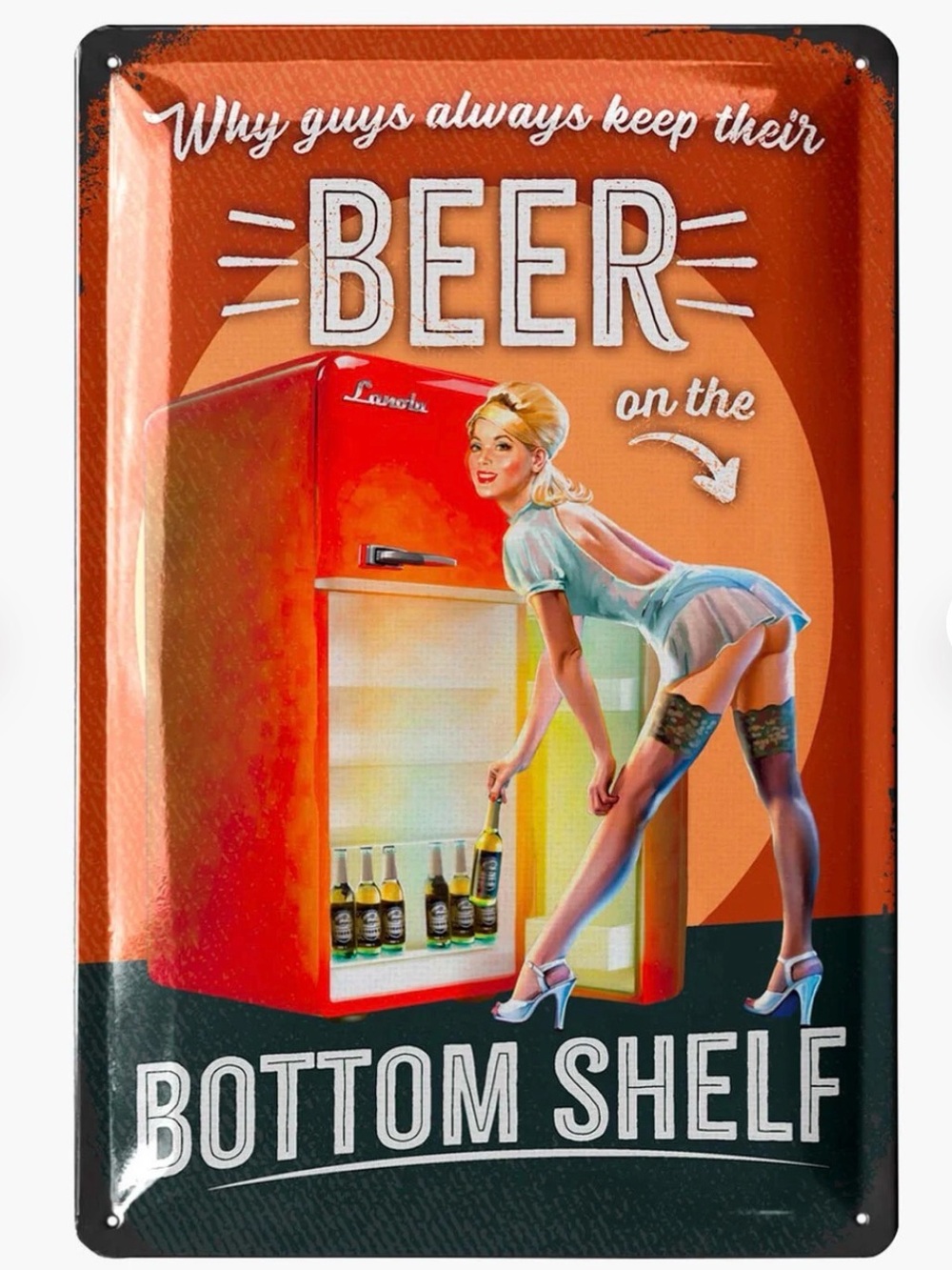 Vintage Design Pin Up Beer Embossed Tin Sign- NEW